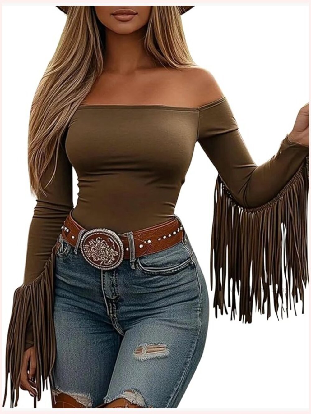Fringe Off Shoulder Cowgirl Crop Top with Tassels Long Sleeve